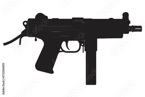 Silhouette of a submachine gun isolated on white background, representing modern warfare, tactical operations, and the power of automatic firearms vector illustration
