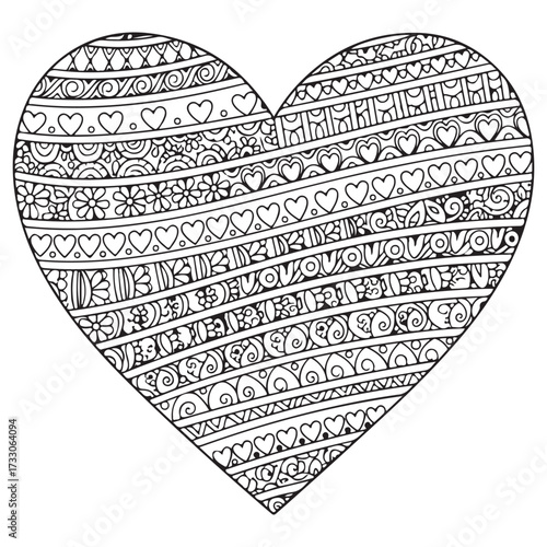 Line art illustration of a symmetrical heart shape completely filled with intricate, horizontal zen doodle patterns, including smaller hearts, swirls, and decorative elements. Adult coloring books.
