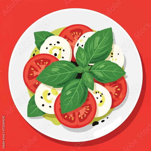 Caprese salad with tomatoes, mozzarella, and basil on a white plate.