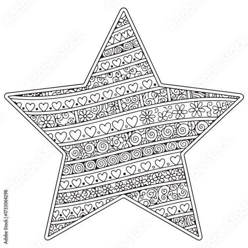 Line art illustration of a five-pointed star completely filled with intricate, horizontal zen doodle patterns, including hearts, spirals, and floral designs. Excellent for adult coloring books.