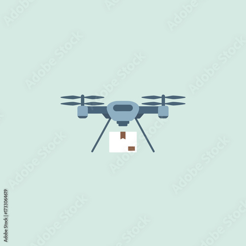 Flying quadcopter drone with mailbox flat vector illustration isolated on white background. Symbol or logo sign of modern delivery and logistics using drones.