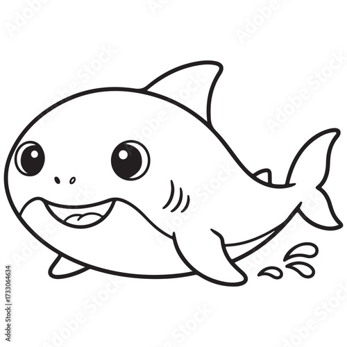 Line art illustration of a chubby, cheerful baby shark swimming, featuring a wide, happy smile, large eyes, and a fin on its back. Excellent for children's coloring books or marine life themes.