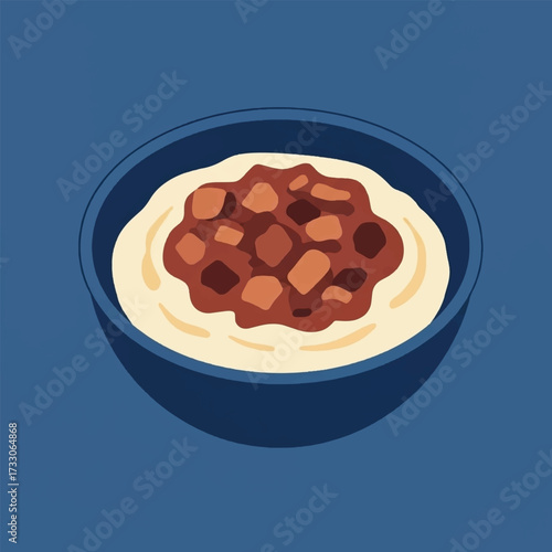 A minimalist illustration of a blue bowl filled with a creamy dish and a chunky, savory topping.