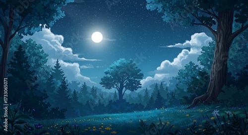 Night forest scene with full moon and clouds in a natural landscape