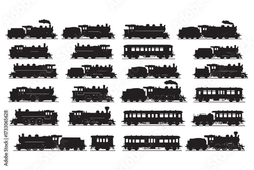 A collection of vintage train silhouettes, isolated on white background, evokes a sense of nostalgia for the golden age of rail travel and steam power vector illustration