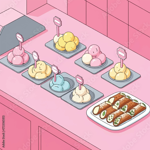 Isometric view of an ice cream shop with various flavors and cannoli pastries.
