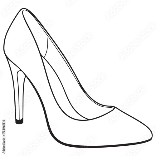 Line art illustration of a single, elegant women's high heel pump, featuring a classic pointed toe and a tall, thin stiletto heel. Perfect for fashion-themed coloring or beauty icon design. 