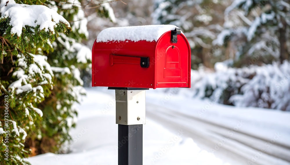 Fototapeta premium Red mailbox covered in snow on a wintery road with delivering holiday greetings.