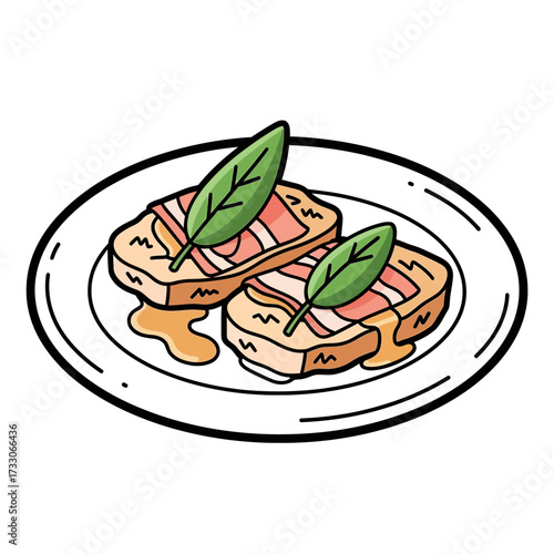 Charming Cartoon Saltimbocca Plate, Hand-Drawn Bold Line Art Illustration, Italian Veal Dish Icon