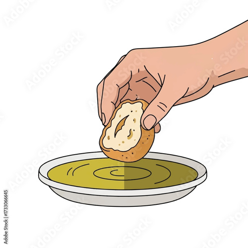 A close-up illustration of a hand dipping a piece of fresh bread into a small plate of golden olive oil.