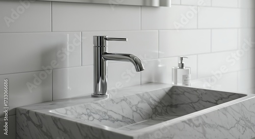 Modern bathroom faucet with marble sink and tiled wall detail