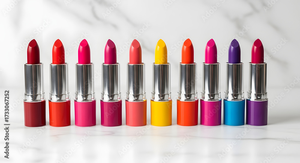 Obraz premium Row of colorful lipsticks on a marble surface