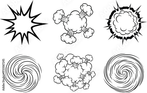 Collection of six black and white comic book style explosion and swirl sound effect elements for graphic design
