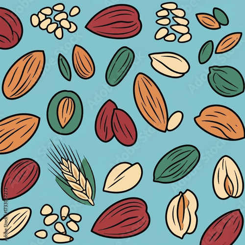 Illustration of various nuts scattered on a light blue background, showcasing different varieties.