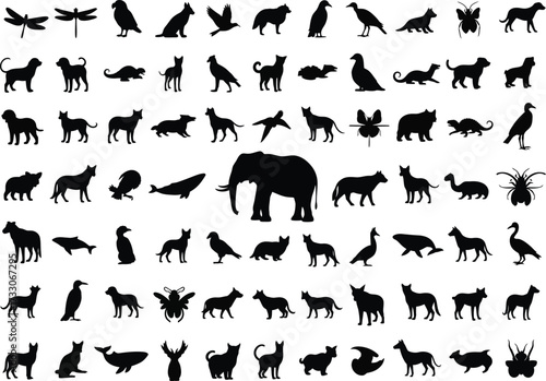 Collection of diverse animal silhouettes including mammals birds insects and wild creatures in various poses and actions