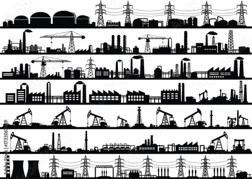 Collection of industrial silhouettes featuring factories power plants oil rigs and transmission towers on white background