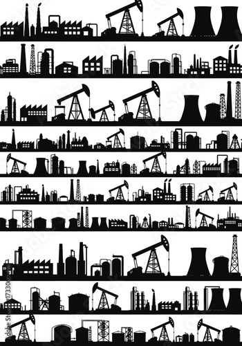 Industrial landscape silhouette featuring oil pumps smokestacks and cooling towers in a repeating pattern against a white background