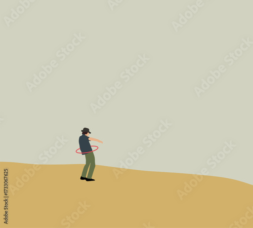 Man playing hula hoop enjoying exercising showcasing energy and fun. Recreation, Outdoor or Indoor Activity.