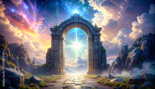 Stone gate to sky with stars