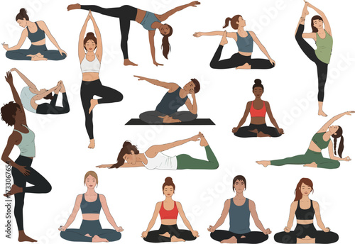 Diverse group of people practicing various yoga poses on white background representing health and wellness