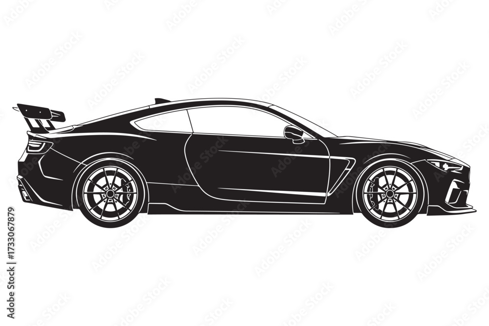 Fototapeta premium A sleek black sports car with a spoiler is depicted in a black and white illustration isolated on white background, showcasing its aerodynamic design vector illustration