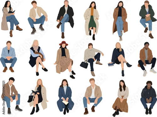 Diverse group of stylishly dressed individuals sitting in various casual poses against a white background
