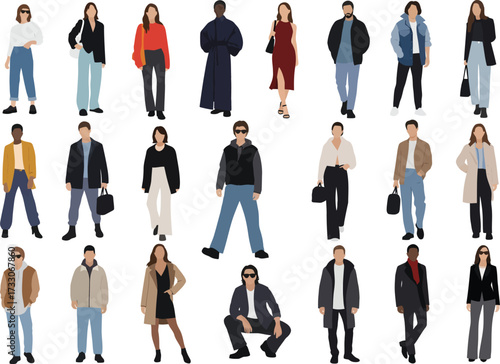 Diverse group of stylishly dressed young adults and teenagers in casual and fashionable modern clothing standing and posing against a white background