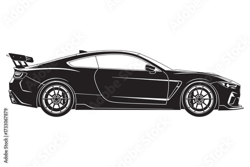 A sleek black sports car with a spoiler is depicted in a black and white illustration isolated on white background, showcasing its aerodynamic design vector illustration