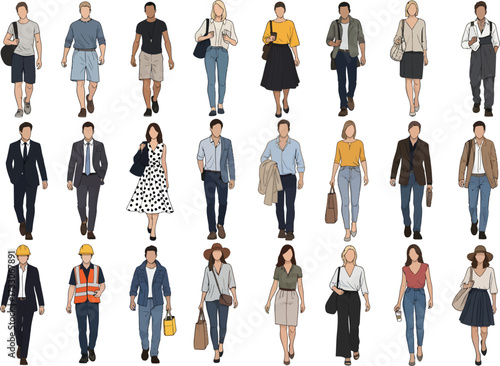 Diverse group of casually and formally dressed men and women standing in a grid formation showcasing various fashion styles