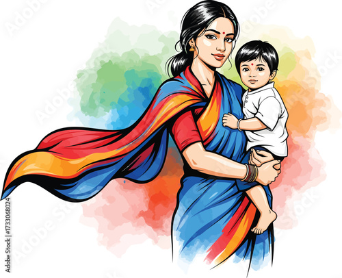 Beautiful indian mother holding her young child close with a colorful abstract background symbolizing love and warmth