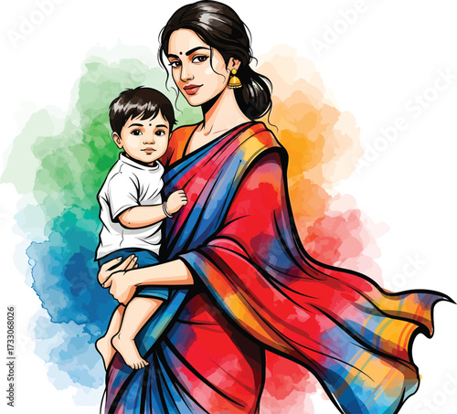 Beautiful indian mother in a vibrant saree holding her young child with a colorful watercolor background