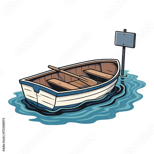 Vector Illustration of Rowboat with Signpost in Nautical Style in Minimalist Design