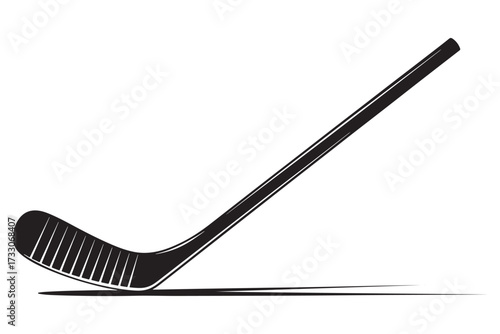 A black and white illustration of a hockey stick isolated on white background, showcasing its curved blade and long shaft, commonly used in ice hockey vector illustration