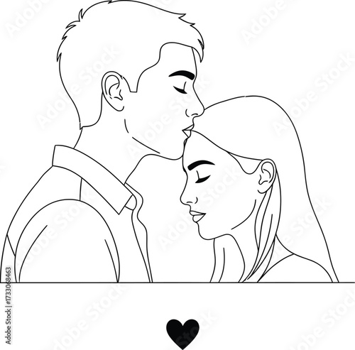 Romantic line drawing of a couple embracing tenderly with a small heart symbol below