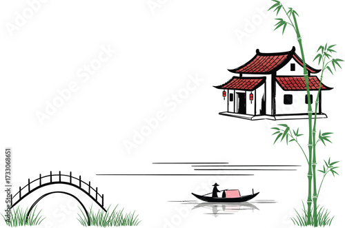 Traditional asian watercolor painting of a serene landscape featuring a small boat on water a stone bridge and a house nestled among bamboo stalks