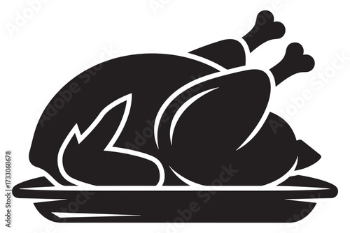 A black silhouette of a roasted turkey on a platter isolated on white background, representing a traditional thanksgiving or holiday feast centerpiece vector illustration