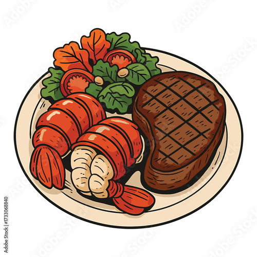 Vector Illustration of Lobster and Steak with Vegetables in Modern Style for Culinary and Restaurant Design