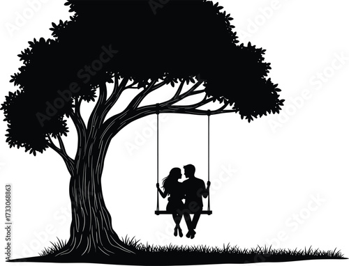 Romantic silhouette of a couple embracing on a swing under a large tree on a white background