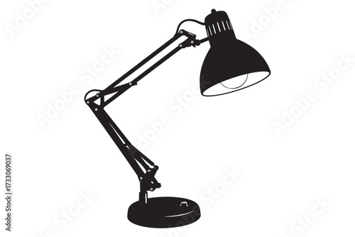 Silhouette of an adjustable desk lamp, isolated on white background, providing focused illumination for work, study, or creative endeavors in any environment vector illustration
