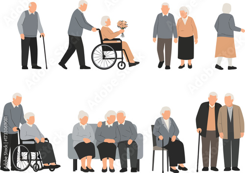 Diverse group of elderly people in various poses and activities showcasing aging companionship and mobility assistance on white background