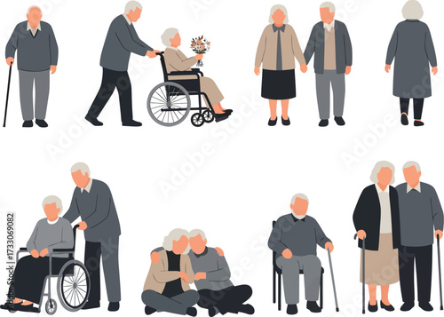 Diverse group of elderly people in various poses and activities including walking using wheelchairs and interacting lovingly