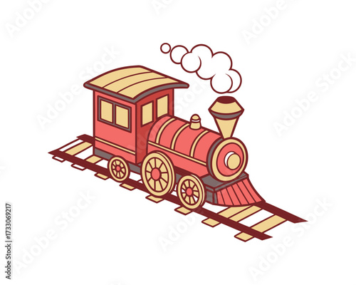 Illustration of a charming red toy train a vintage design, , puffing out white smoke its chimney
