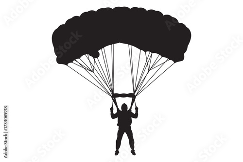 Silhouette of a skydiver with parachute isolated on white background, showcasing the thrill and adventure of extreme sports in a minimalist design vector illustration