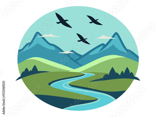 Scenic mountain landscape a winding river, lush green fields, birds flying in the sky, a peaceful serene scene