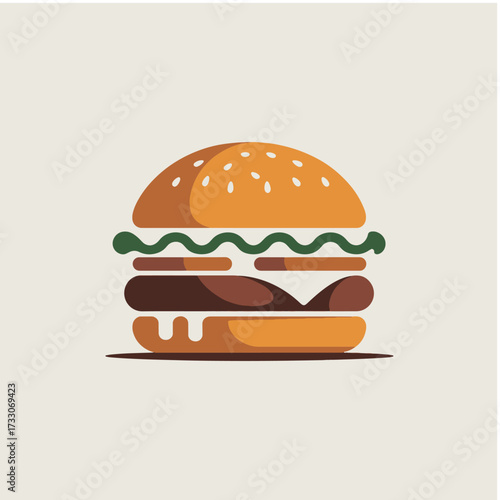 Stylized hamburger illustration with sesame seed bun and green lettuce food fast food