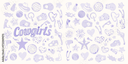 Wallpaper Mural Whimsical cowgirls pattern with boots hats stars hearts and hair dryers in pastel lavender Torontodigital.ca