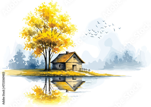 Cozy rustic cabin nestled beside a vibrant yellow autumn tree reflecting in calm water with distant misty forest and birds flying
