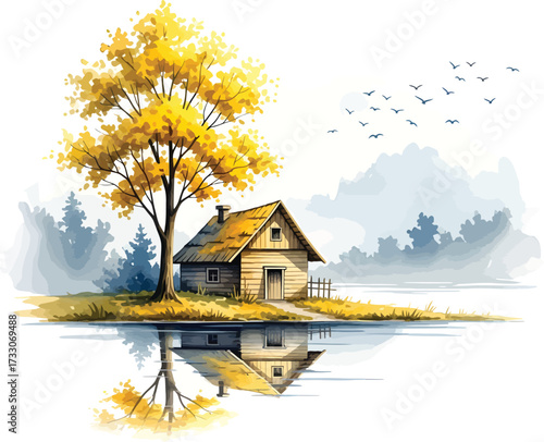 Charming rustic cabin nestled beside a vibrant golden autumn tree with serene water reflection and distant misty forest landscape
