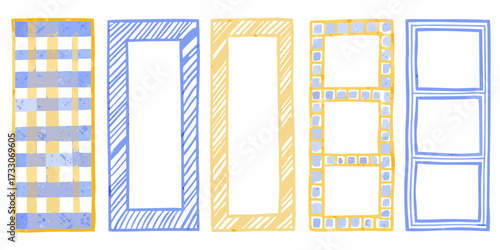Collection of five hand drawn decorative frames and borders in yellow and blue pastel colors