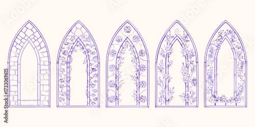 Five gothic arch windows with increasing floral vine decoration in purple outline